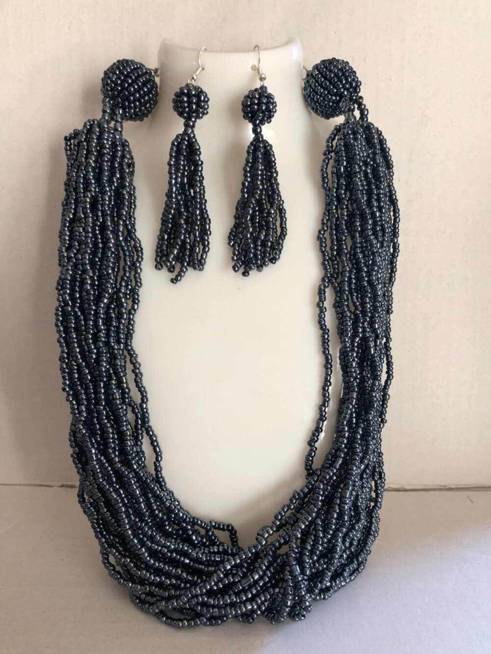Multilayered Black Beaded Necklace & Earrings Jewelry Set